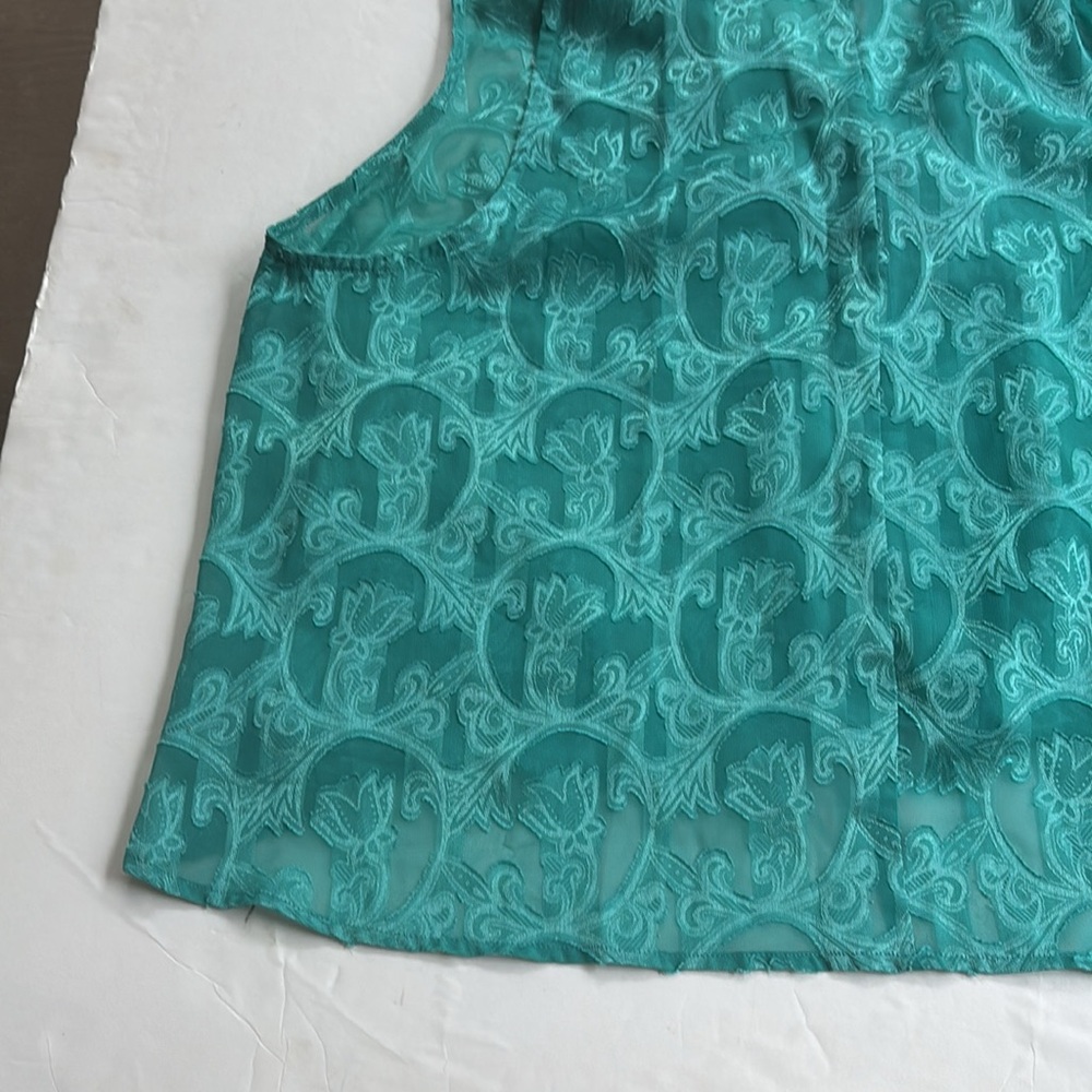 Vintage 90’s Collared Preppy Silky Teal Sleeveless Cropped Top Shirt Large Swing - Picture 13 of 17